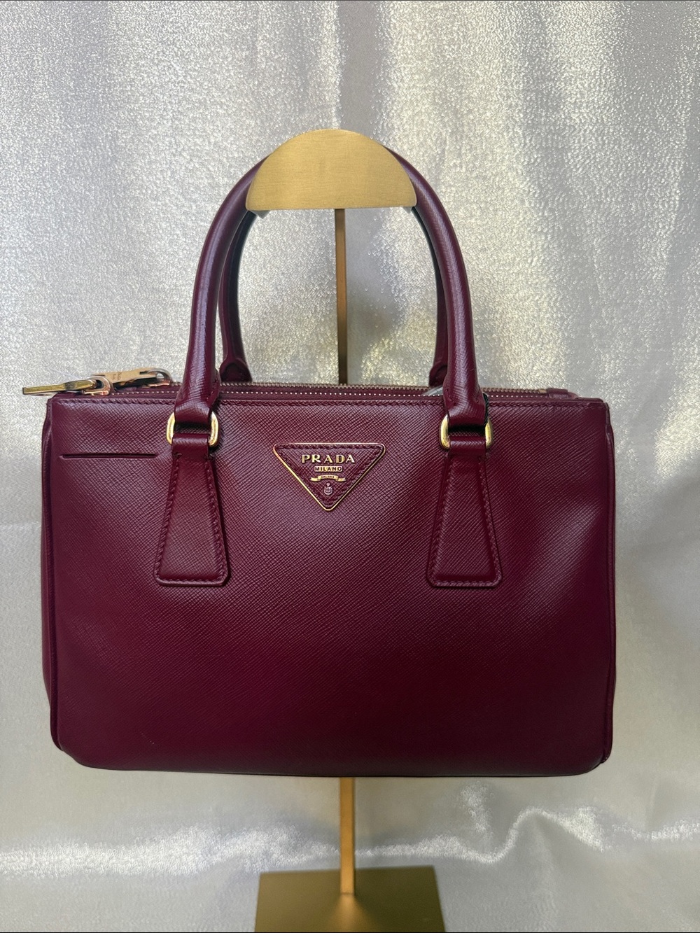 Prada Burgundy Saffiano Leather Satchel with Gold Hardware small